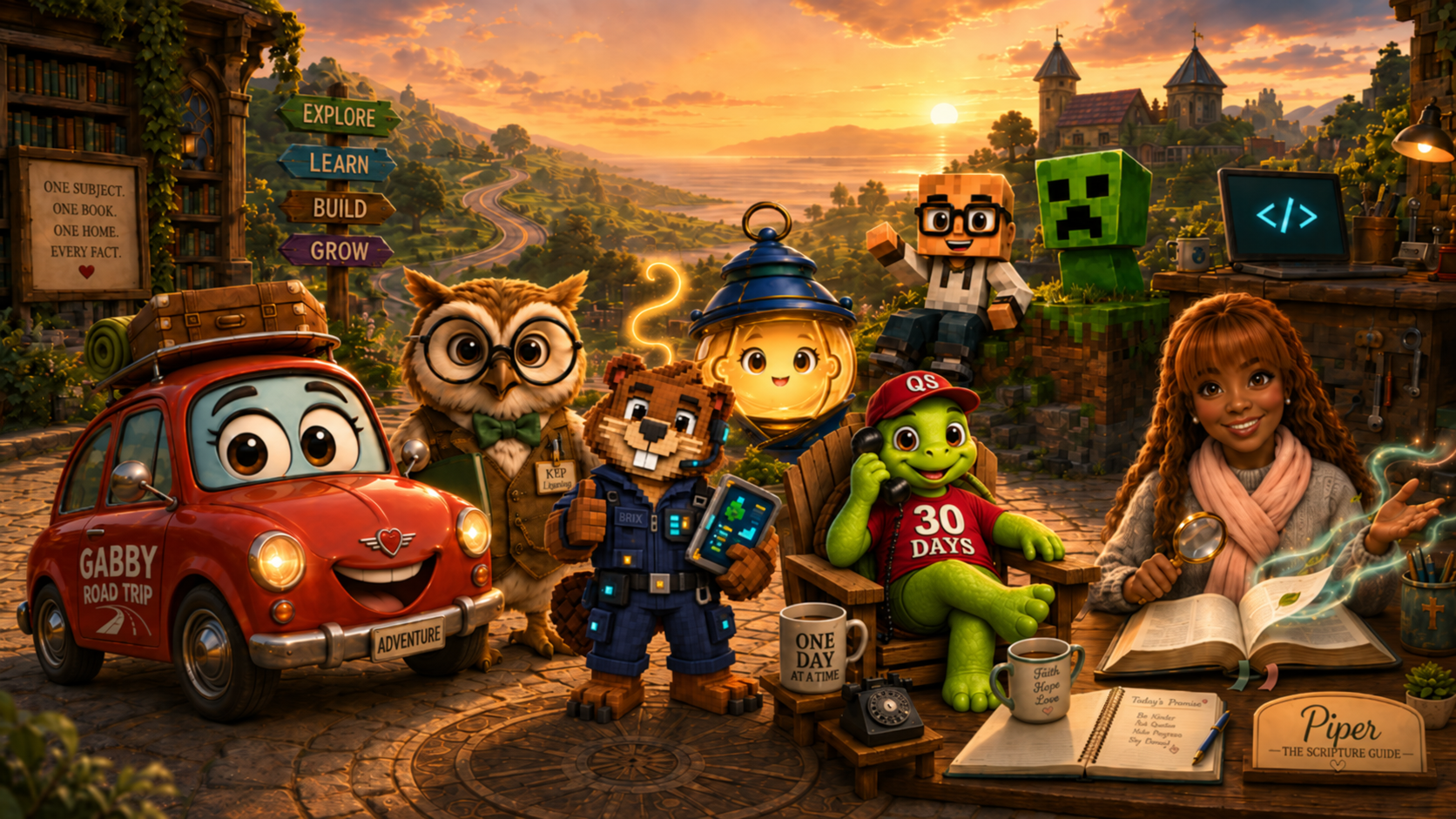 Calvin’s cheerful family of project mascots gathered in a storybook workshop at sunset.