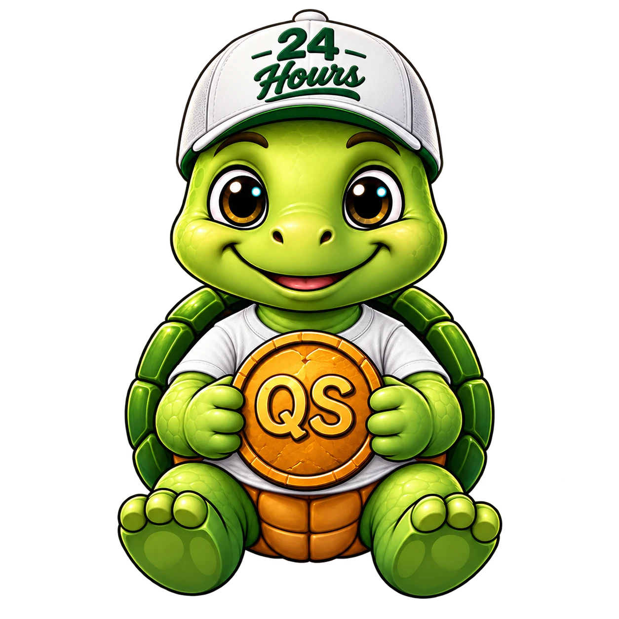 Tucker, a friendly green turtle, in a white 24 Hours cap and T-shirt, smiling while holding a golden QS coin.